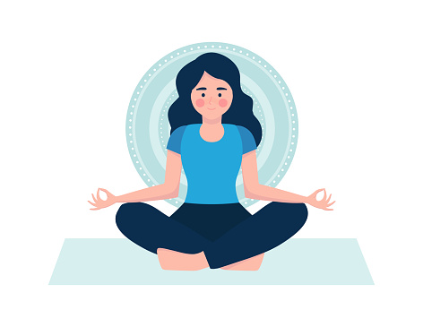Woman in meditation pose isolated on a rounded background. Concept illustration for yoga, meditation, relaxation, recreation, and healthy lifestyle. Flat vector.
