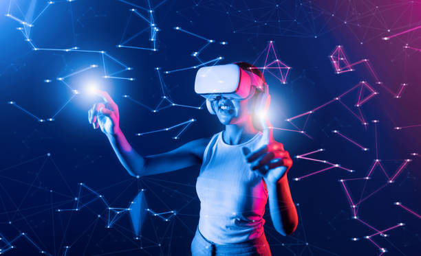 istock Female in metaverese use two finger touch virtual reality object. Hallucination. 2087411957