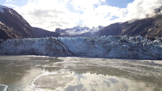 Sailing into the inlet where Johns Hopkins Glacier is. Mount Wilbur in the background.