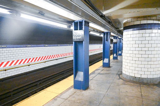MTA Subway in New York City, transportation. York street station, brooklyn. Photographed on 8/5/23