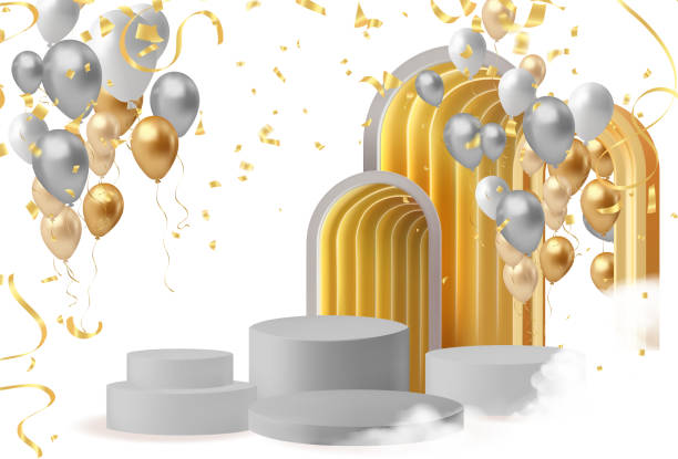 istock Realistic white and gold 3D cylinder pedestal podium with vertical texture in arch door. Minimal scene for products showcase, modern era 2087465612