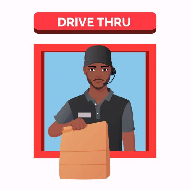 Vector illustration of Fast Food Restaurant worker Serving Order at a Drive Thru window, African-American Man Serving Take Away Meal. Vector Illustration