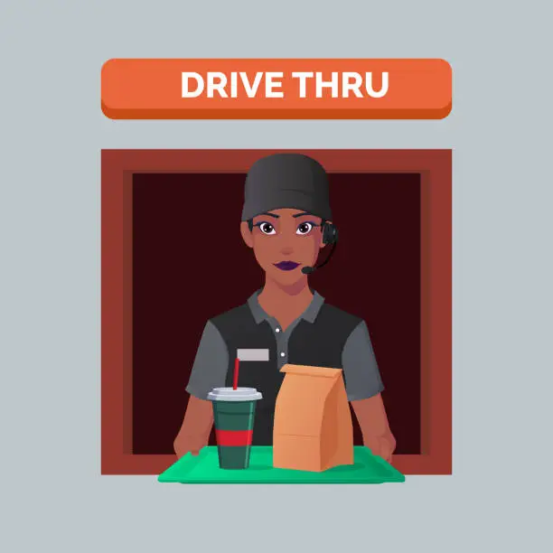 Vector illustration of Fast Food Restaurant worker Serving Order at a Drive Thru window, African-American Woman Serving Take Away Meal And Drink. Vector Illustration
