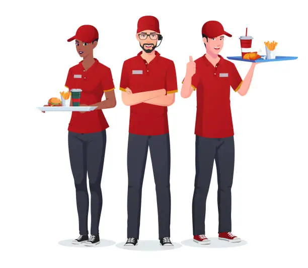 Vector illustration of Diverse Fast Food Restaurant Team, Employees, staff Serving Burger and Drinks. Vector File