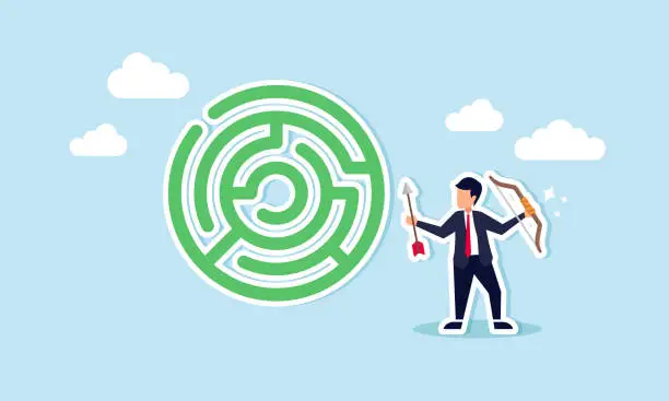 Vector illustration of Seeking solutions to overcome obstacles and reach goals is the path to success. Like an archer aiming through a maze, a businessman navigates challenges to achieve targets