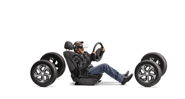 istock Man sitting in a car seat and driving with a VR headset 2087474638
