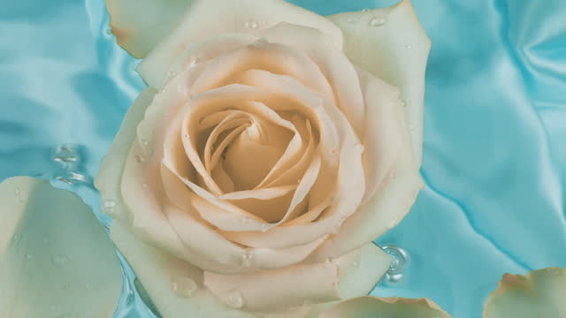 Flowers and petals of white and pink roses float on the surface of the water on a blue silk background with pearls underwater.