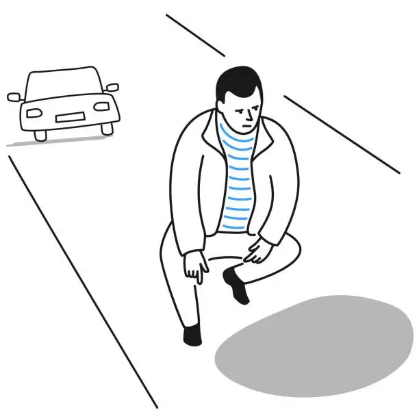 Vector illustration of Male driver looking at pothole in road