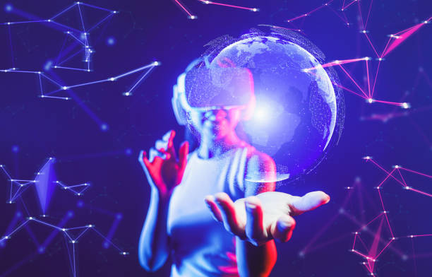 istock Female standing in neon light connecting metaverse hold hologram. Hallucination. 2087508120