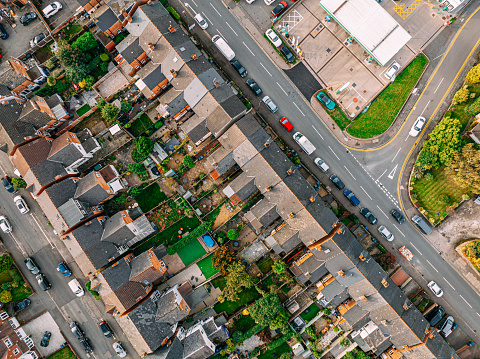 Aerial View of Apartments Semi-Detached Row Homes in Sutton Coldfield, Wylde Green, Birmingham UK