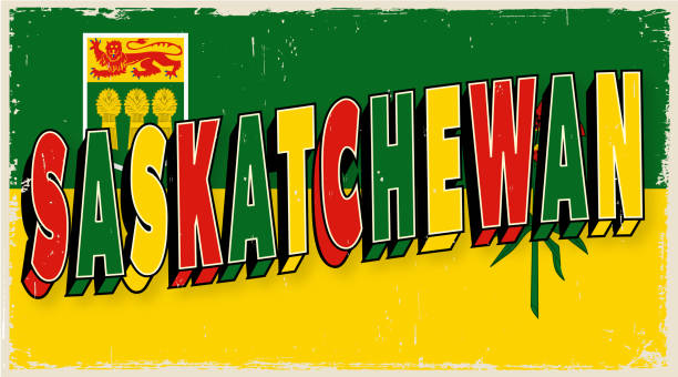 ilustrações, clipart, desenhos animados e ícones de design de cartão postal vintage de saskatchewan com bandeira da província do canadá e lote de textura - saskatchewan flag canada banner