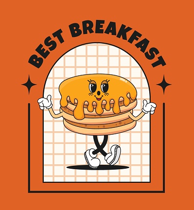 Banner or poster with pancakes character in retro groovy style. Trending vector illustration with burger. For delivery, cafes and restaurants. Best Breakfast.