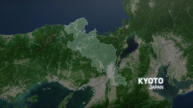 Zoom in to Kyoto, Japan from Earth. Satellite view of the  East Asia. Cinematic world map animation from outer space to territories. The concept of globe, highlight,  aerial view, tourism, travel, journey, cityscape