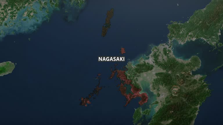 Zoom in to Nagasaki, Japan from Earth. Satellite view of the East Asia. Cinematic world map animation from outer space to territories. The concept of globe, highlight, aerial view, tourism, travel, journey, cityscape