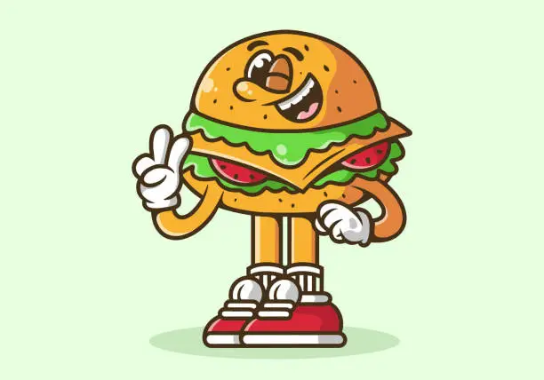 Vector illustration of Mascot character illustration of a burger with hand forming peace symbol