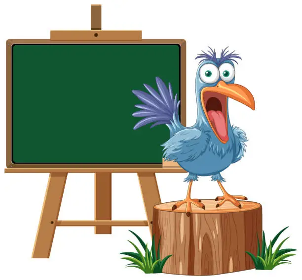 Vector illustration of Cartoon bird standing by an empty chalkboard