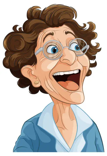 Vector illustration of Cartoon of a happy, elderly woman wearing glasses