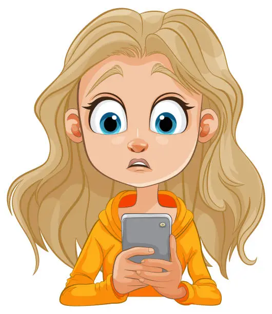 Vector illustration of Cartoon of a girl with wide eyes holding a phone