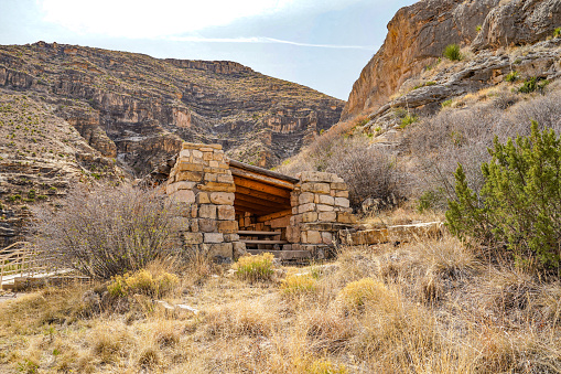 Picnic table shelter at Sitting Bull Falls, under the US Department of Agriculture, at Lincoln National Forest, a national park covering 1.1 million acres and three mountain ranges in southeastern New Mexico administered by the US Forest Service.