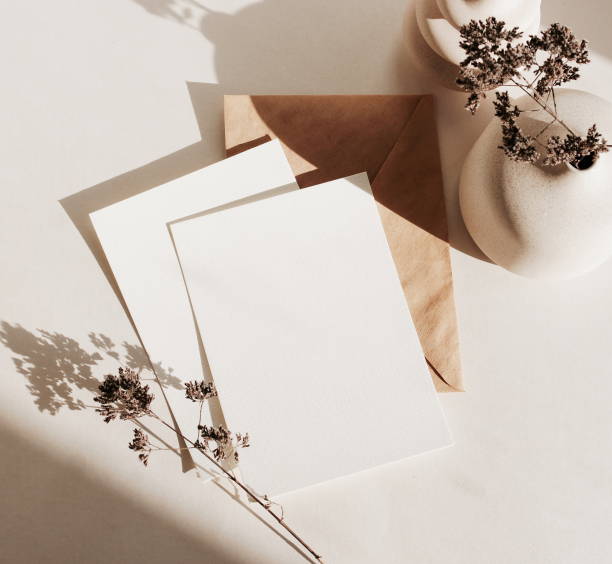 istock Greeting Cards mockup, empty white blanks, envelope dry flower in a vase, sunlight shadow top view on beige background with copy space. flat lay. Empty white Blank, card template, invitation. 2087682970