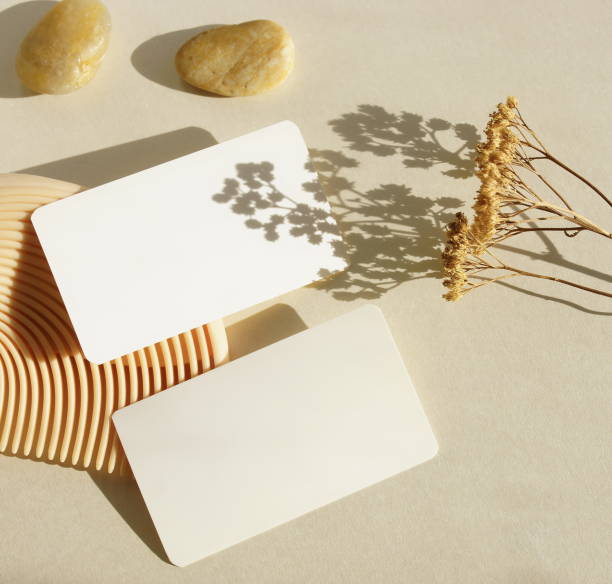 istock Business cards mockup, empty white blank, dry flower and sunlight shadow top view on beige background with copy space. flat lay. greeting card template, invitation. Neutral colors, aesthetic 2087682977