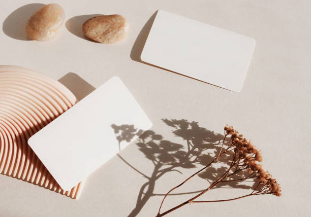 istock Business cards mockup, empty white blank, dry flower and sunlight shadow top view on beige background with copy space. flat lay. greeting card template, invitation. Neutral colors, aesthetic 2087683481
