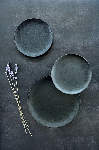 Beautiful textured jade colored plates on grunge background with dried lavender stems in flat lay format.  Dramatic still life composition.
