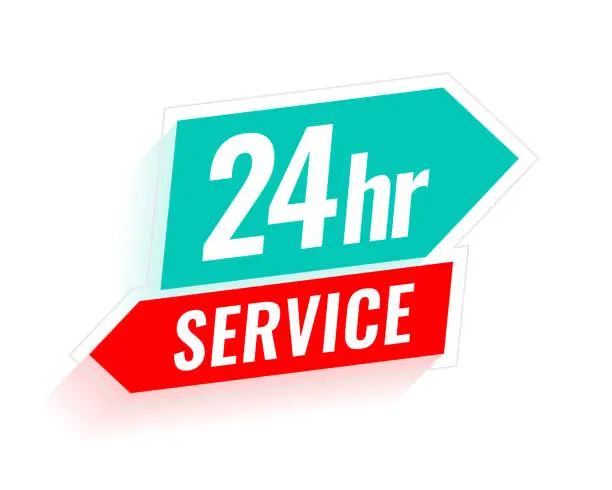 Vector illustration of 24 hours everyday open service label with arrow