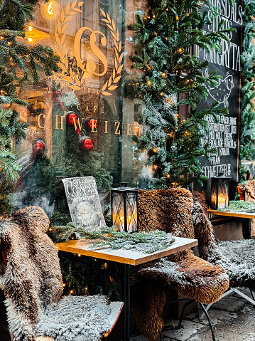 The Christmas decorated exterior of the historic Cafe Schweizer established in 1920 in Gamla Stan, Stockholm