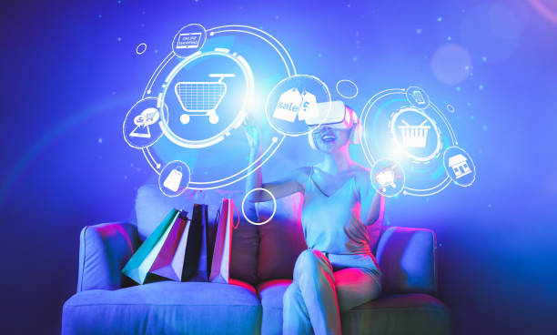 istock Female in metaverse enjoy opening interface online store menu. Hallucination. 2087790196