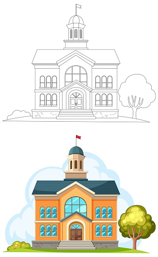 Vector illustration of a school building in color and outline.