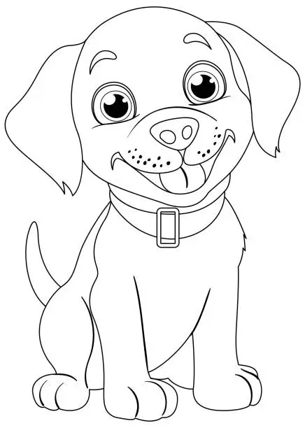 Vector illustration of Black and white vector of a smiling puppy