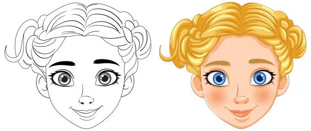 Vector illustration of Vector illustration of a girl's face, before and after coloring.