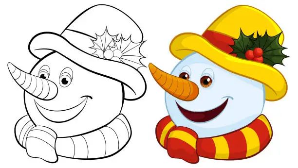Vector illustration of Colorful and cheerful snowmen wearing holiday hats.