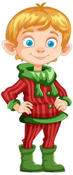 Vector illustration of Smiling elf character in traditional holiday clothes.