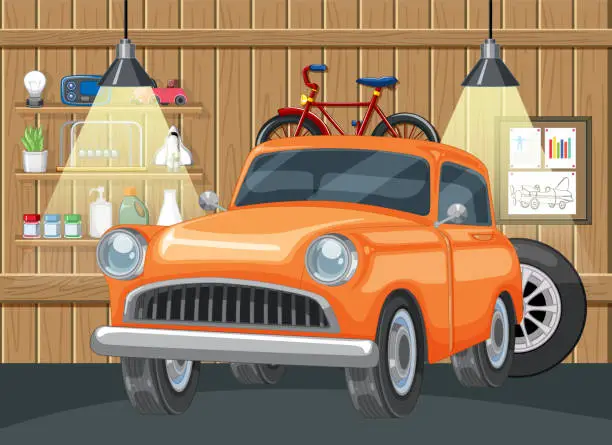 Vector illustration of Classic orange car and red bike in a cozy garage