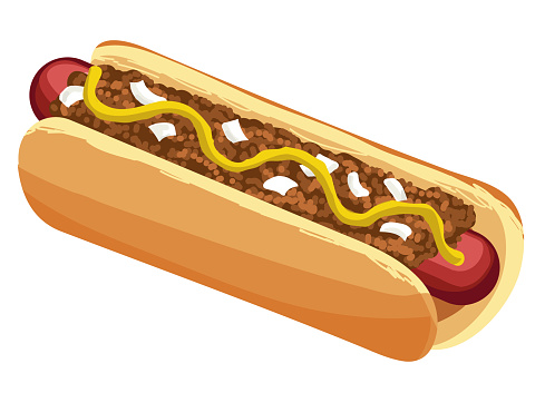 Vector illustration of a Coney Island Hot Dog on white background. Chili hot dog with mustard, onion and chili sauce on a bun. Use for Restaurant or Diner. Fully editable vector eps and high resolution jpg in download. Royalty free design.