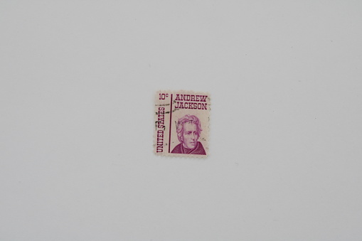 This 10 cent, purple and white stamp depicts Andrew Jackson