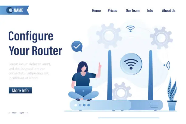 Vector illustration of Configure your router, landing page template. Smart woman setup internet signal transmitter by guide. Wireless connection technology. Application development material. Router configuration