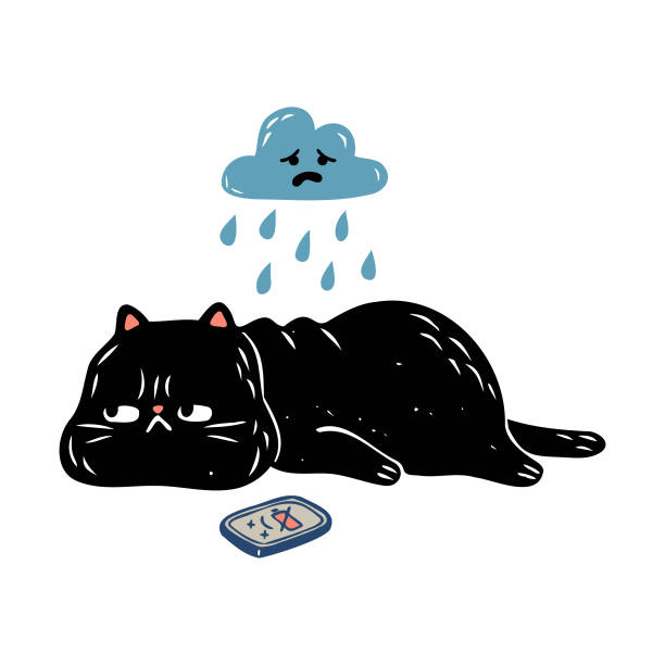 ilustraciones, imágenes clip art, dibujos animados e iconos de stock de lindo gato negro gruñón con teléfono móvil y nube triste en estilo de dibujos animados planos. concepto de batería de baja carga. - animal cute exhaustion technology