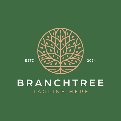 Oak Tree Root Branch Nature Plant Linear Geometric Abstract Logo Luxury Concept at Circle Shape