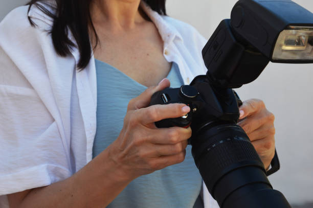 istock Female hands hold a professional camera with flash. 2087984024