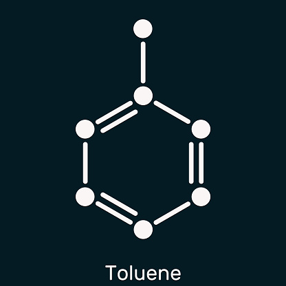 Toluene, toluol C7H8  molecule. Methylbenzene, aromatic hydrocarbon. Skeletal chemical formula on the dark blue background. Illustration