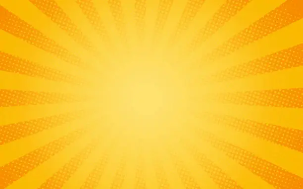 Vector illustration of Sun rays Retro vintage style on yellow and orange background, Comic pattern with starburst and halftone. Cartoon retro sunburst effect with dots. Rays. Summer Banner Vector illustration