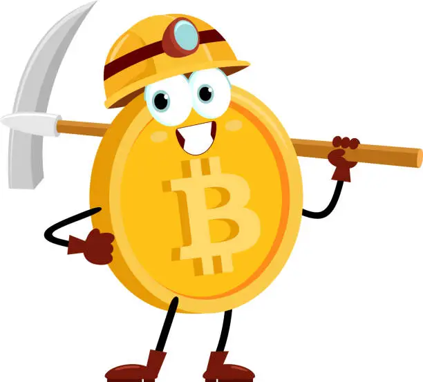 Vector illustration of Bitcoin Miner Cartoon Character Holding Pickaxe