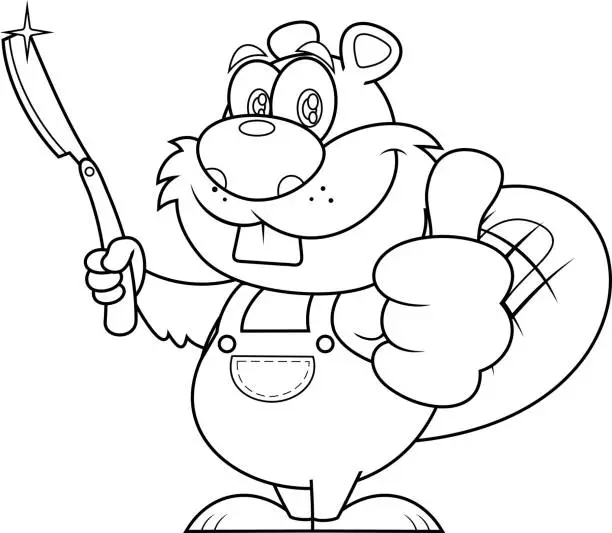 Vector illustration of Outlined Cute Beaver Cartoon Character Holding Straight Razor