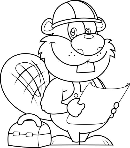 ilustrações, clipart, desenhos animados e ícones de delineado bonito castor carpenter personagem de desenho animado com capacete segurando um plano - 16199