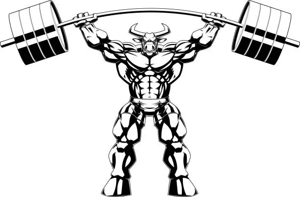 Vector illustration of Outlined Muscular Bull Bodybuilder Mascot Lifting Big Barbell