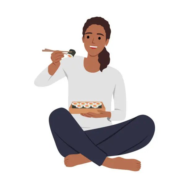 Vector illustration of Happy young woman sit on floor eating sushi with chopsticks.