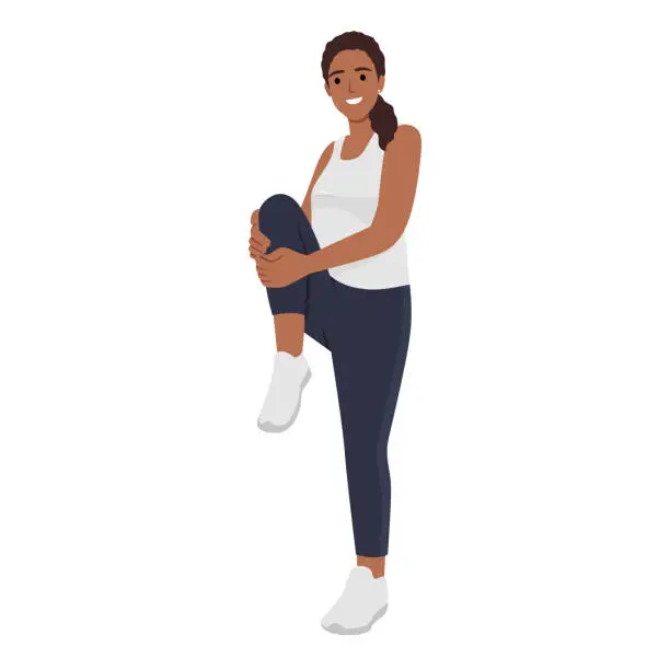Vector illustration of Young woman stretching exercises holding her front knee and warmin up. Prepare for workout or for run.